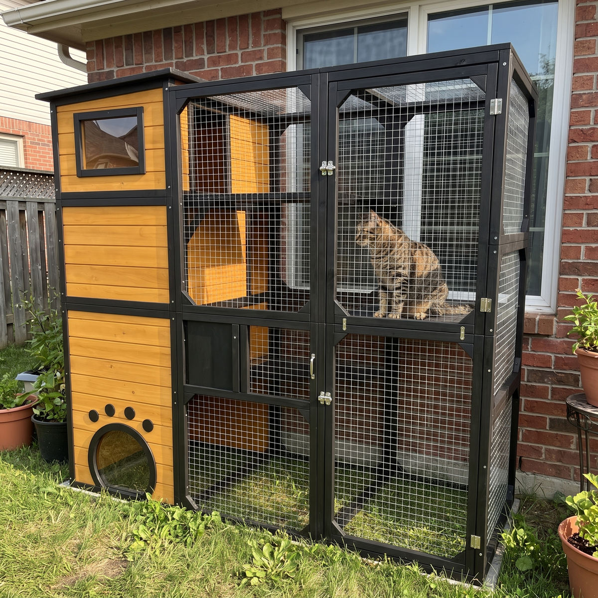Tabby cat inside the yellow window catio against a brick wall - wrenwood ugc lifestyle v3