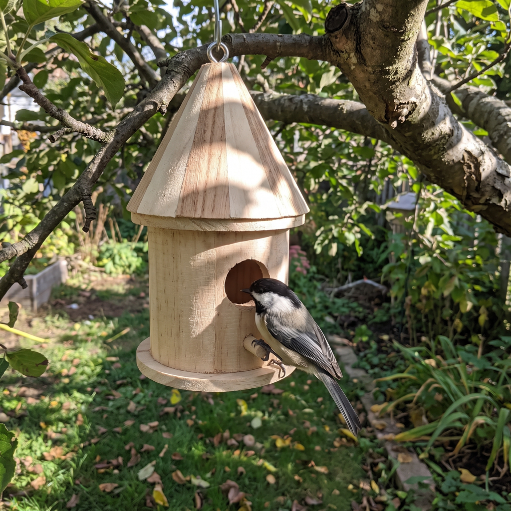 Chickadee at the entrance of the wooden bird house in an apple tree - wrenwood ugc lifestyle v3