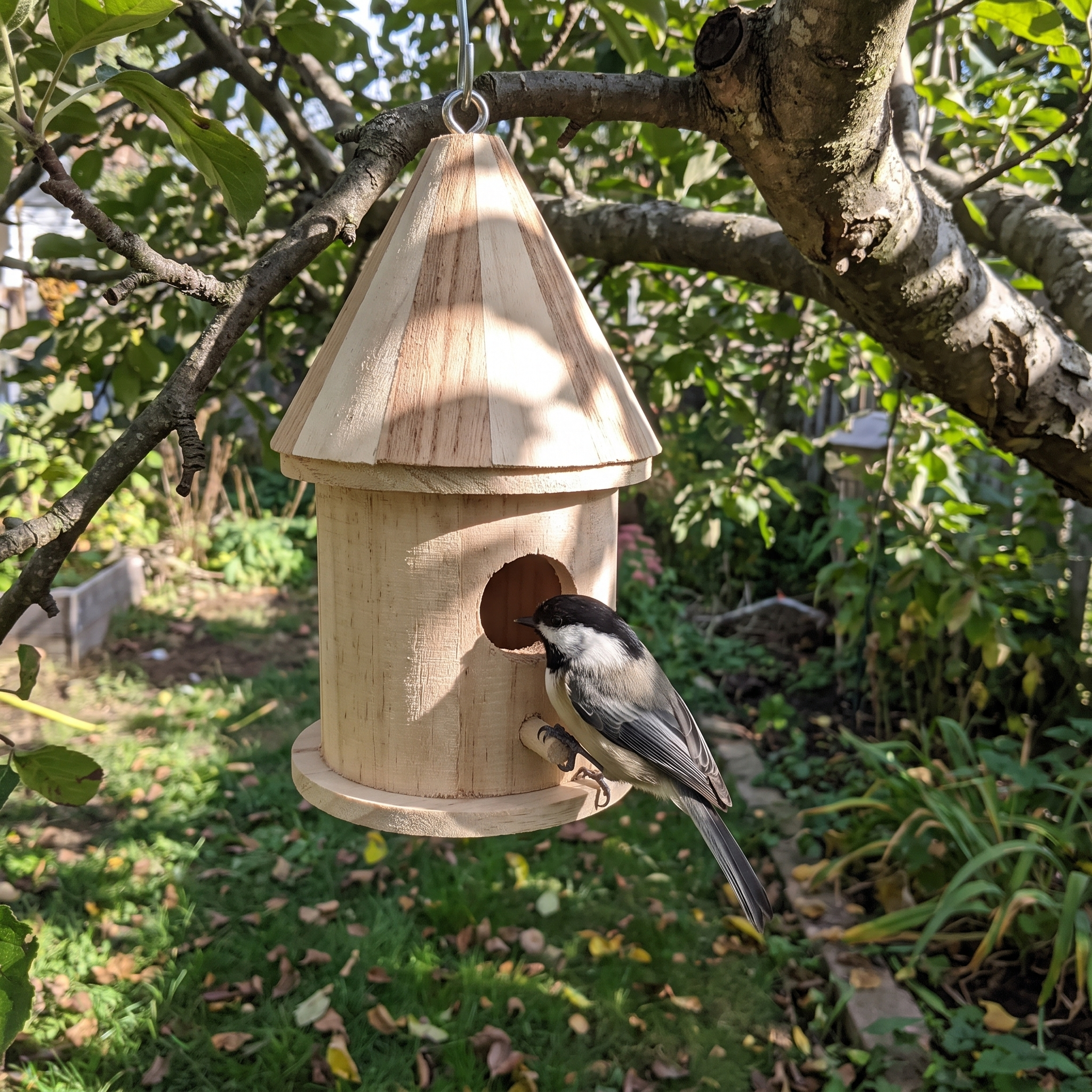 Chickadee at the entrance of the wooden bird house in an apple tree - wrenwood ugc lifestyle v3