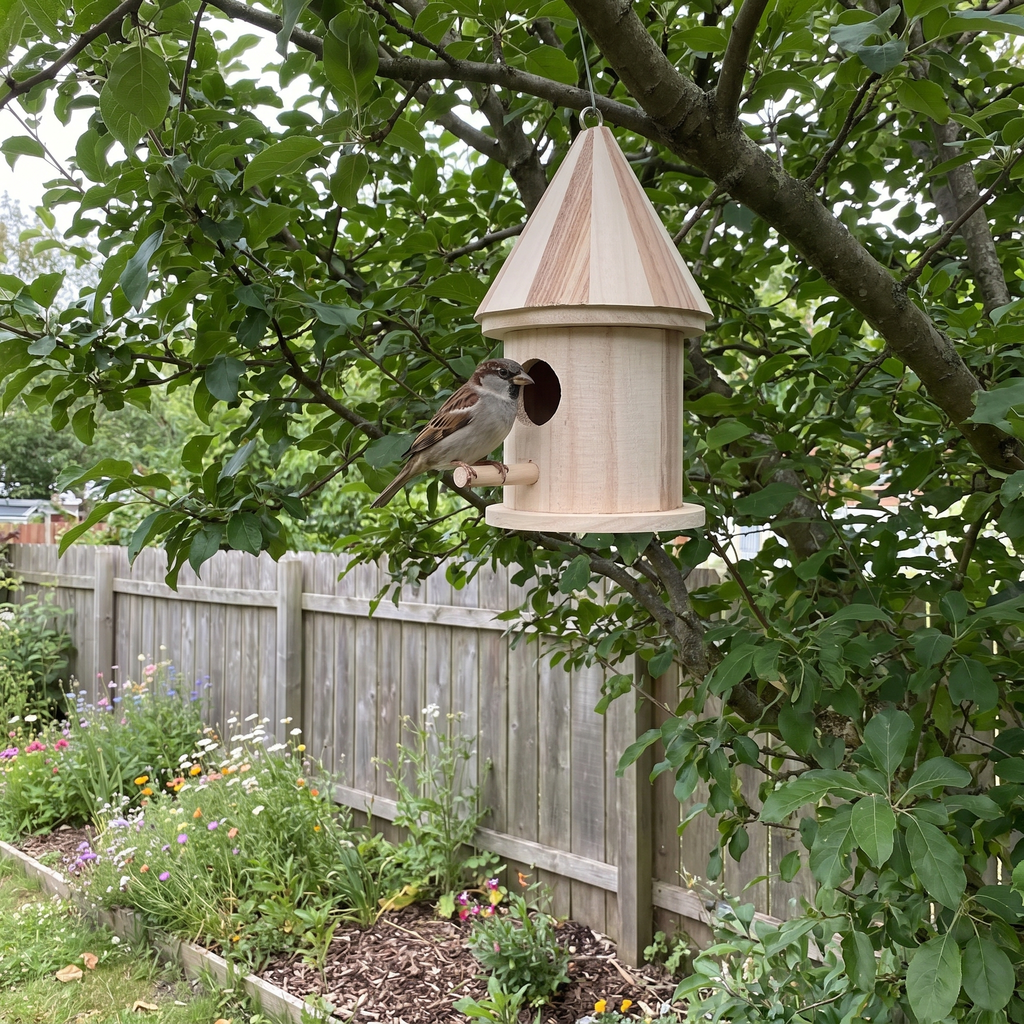 Sparrow perched on the wooden bird house by a garden fence - wrenwood ugc lifestyle v3