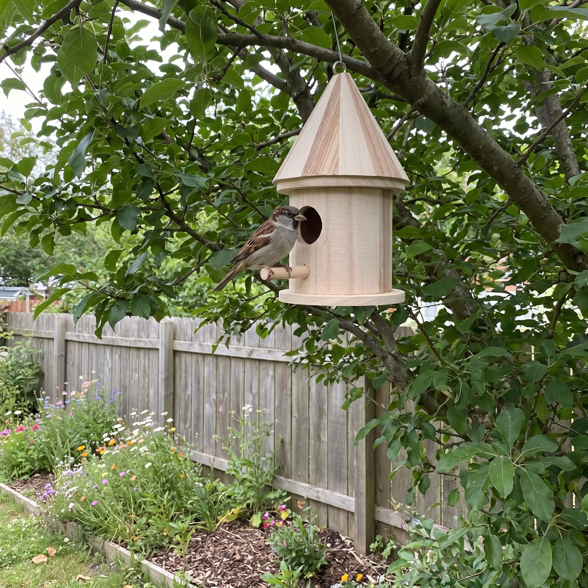 Sparrow perched on the wooden bird house by a garden fence - wrenwood ugc lifestyle v3