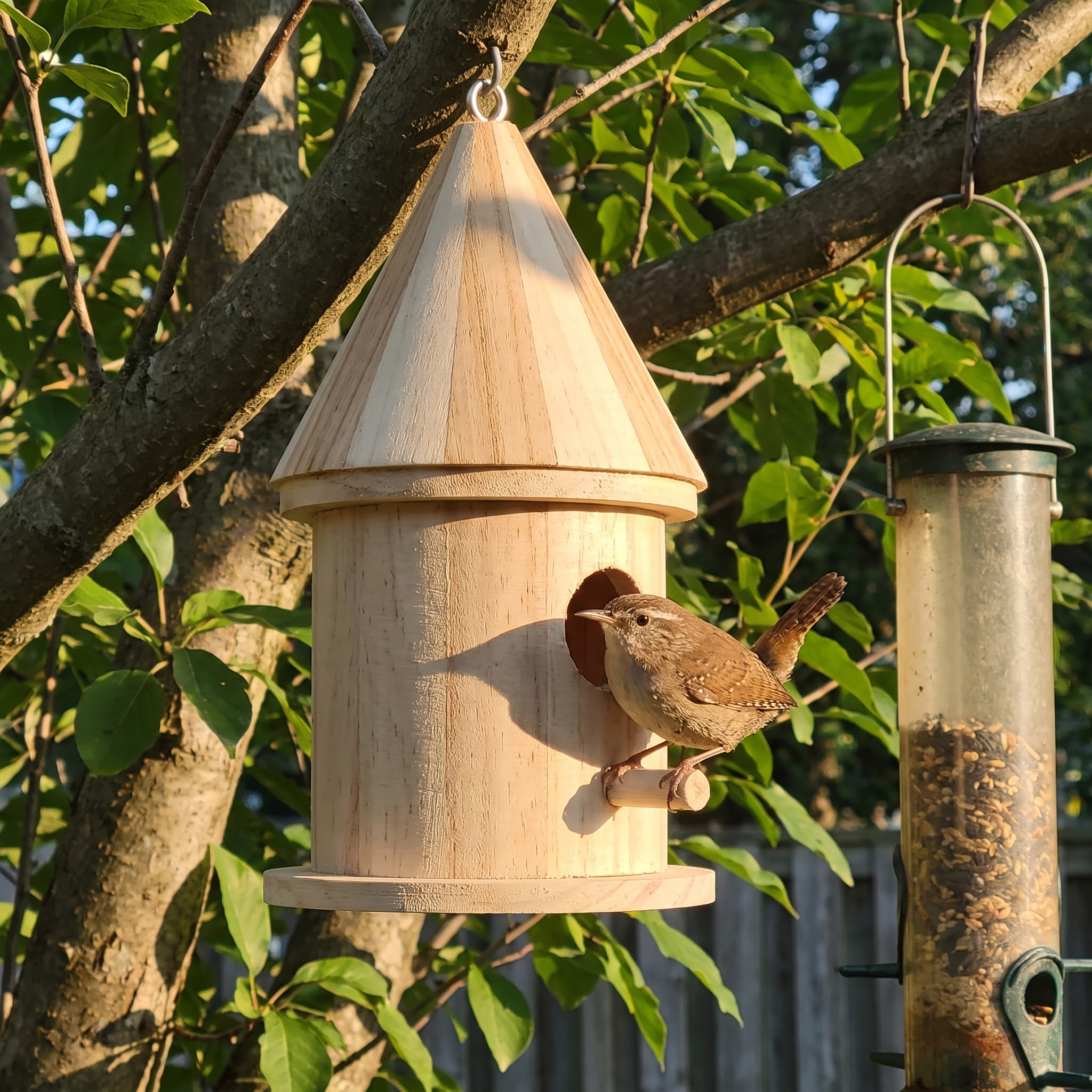 Wren at the wooden bird house beside a seed feeder at golden hour - wrenwood ugc lifestyle v3
