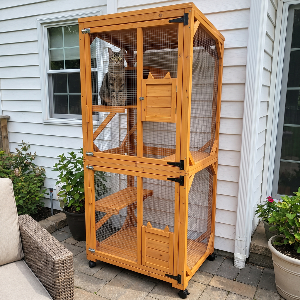 Tabby cat inside the rolling cat house catio on a backyard patio - wrenwood ugc lifestyle v3