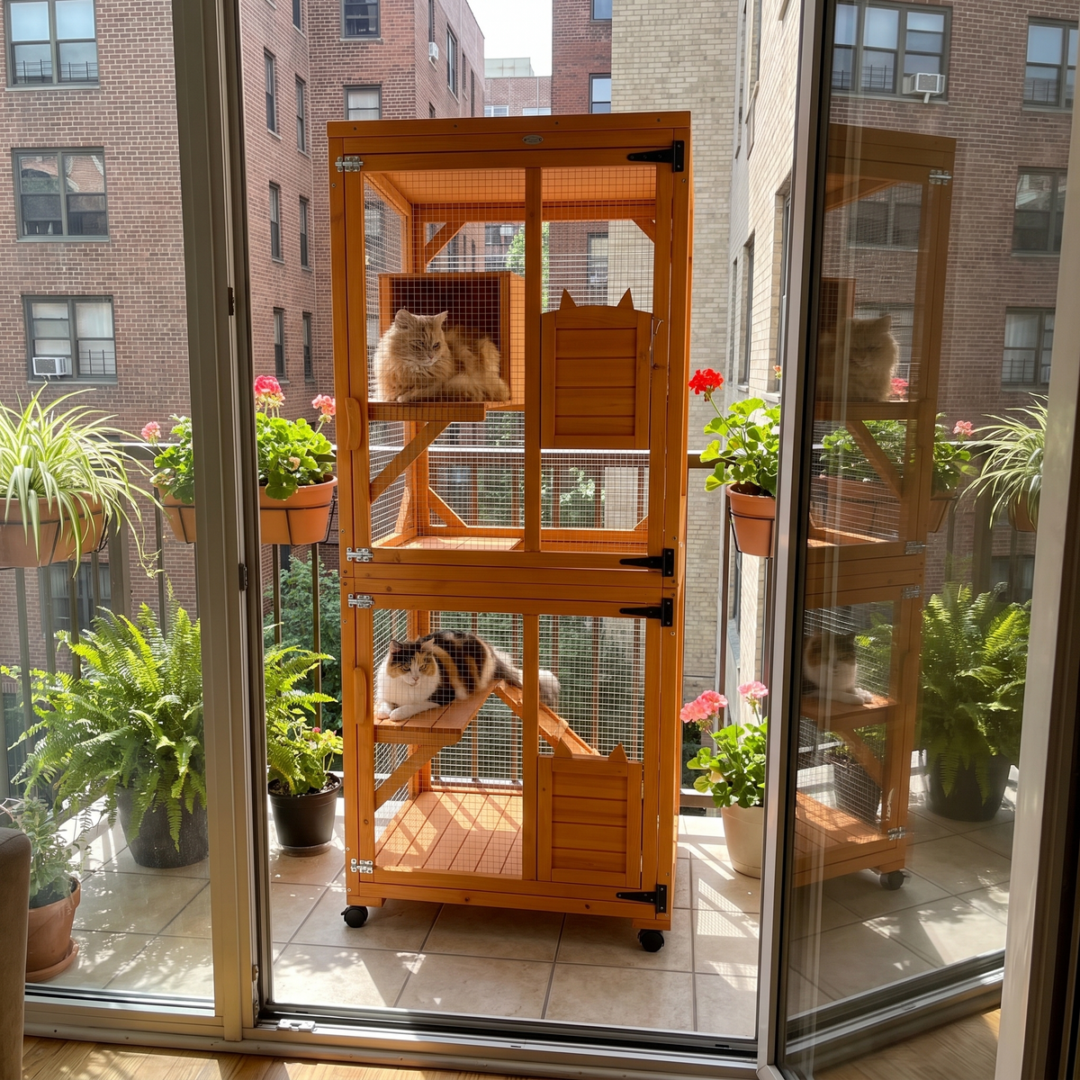 Two cats in the rolling cat house catio on an apartment balcony - wrenwood ugc lifestyle v3
