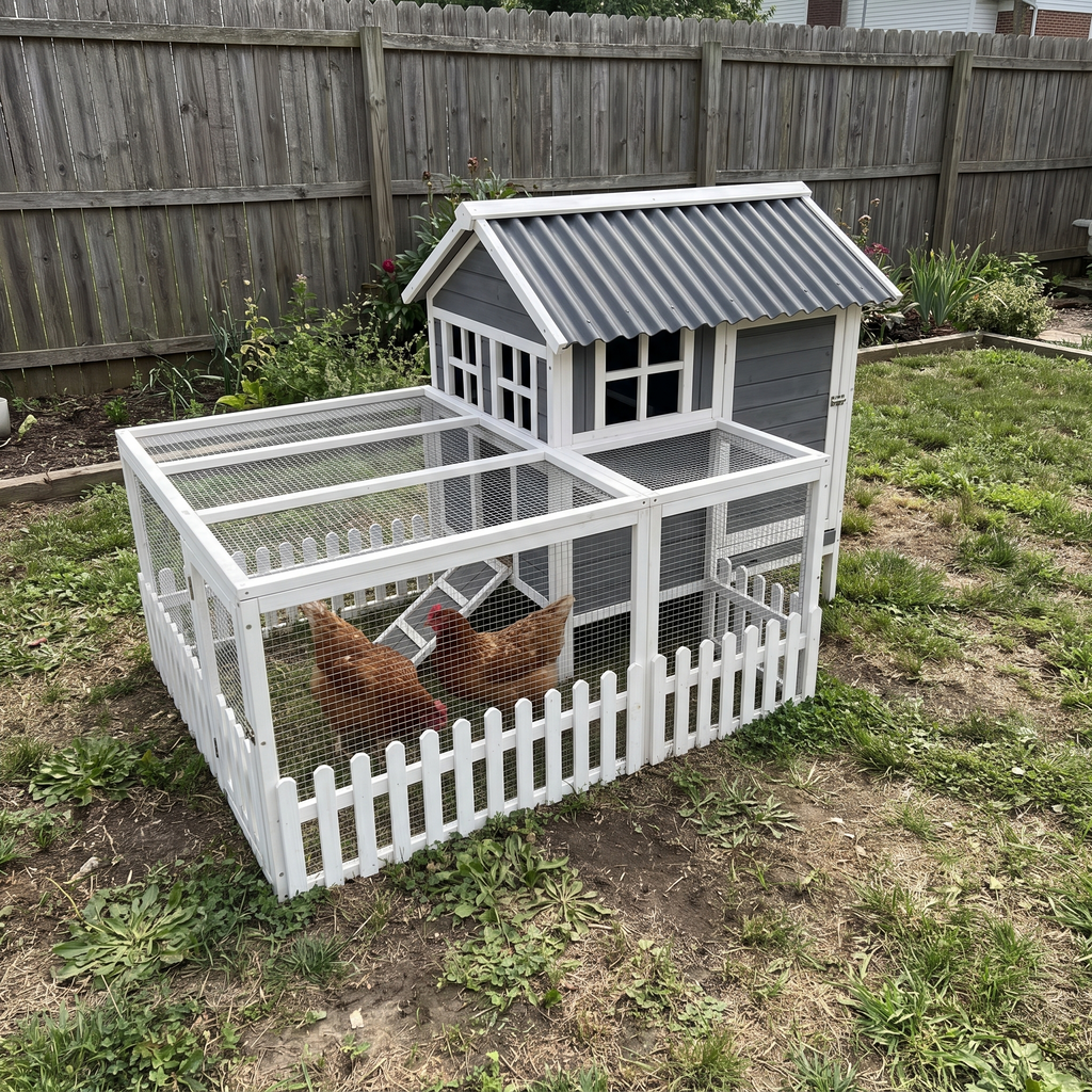 Two hens in the run of the grey compact chicken coop - wrenwood ugc lifestyle v2