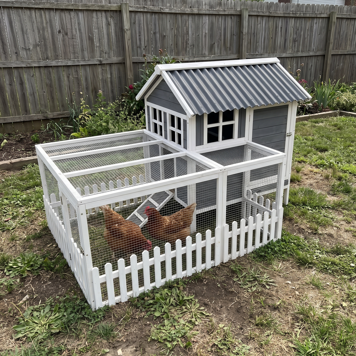 Two hens in the run of the gray compact chicken coop - wrenwood ugc lifestyle v2