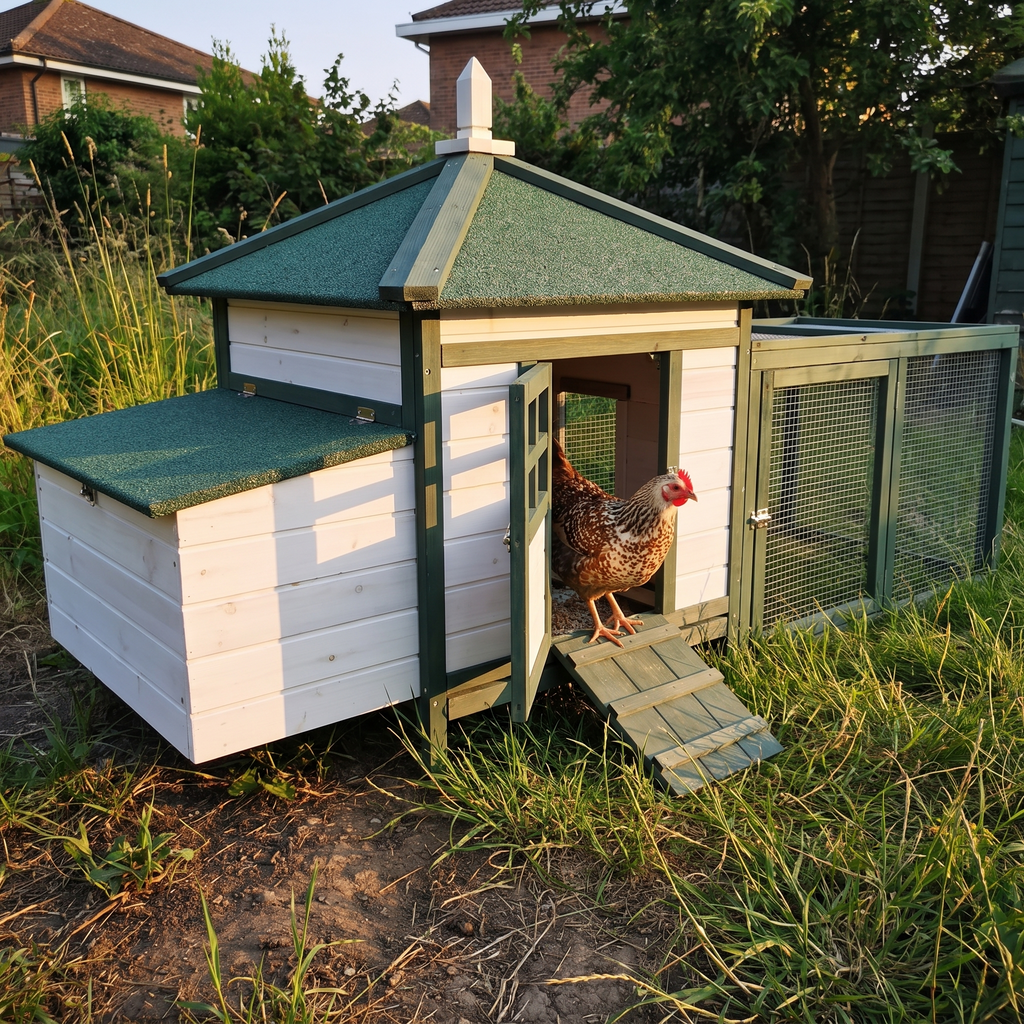Hen in the doorway of the cottage chicken coop at golden hour - wrenwood ugc lifestyle v3