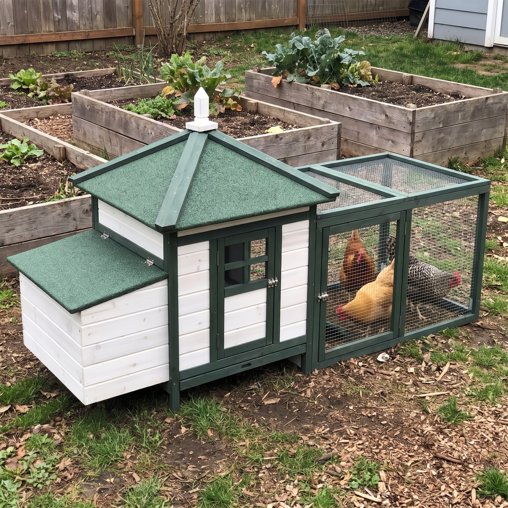 Cottage chicken coop with hens beside raised garden beds - wrenwood ugc lifestyle v3