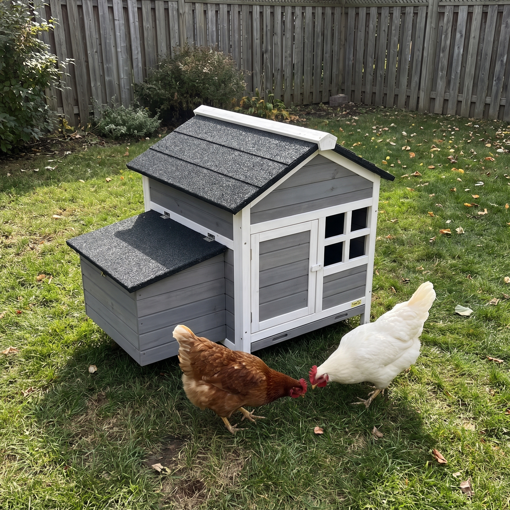 Hens pecking beside the black-roofed wooden chicken coop - wrenwood ugc lifestyle v3