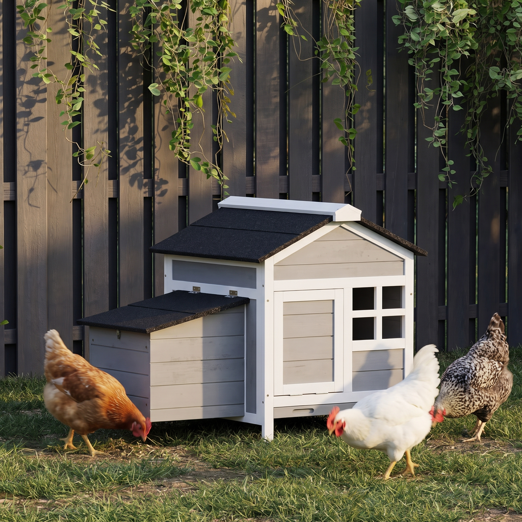 Wooden chicken coop with black roof and hens at dusk - wrenwood ugc lifestyle v3