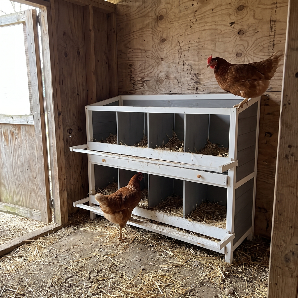 Hens using the white 8-compartment nesting box inside a backyard coop - wrenwood ugc lifestyle v2