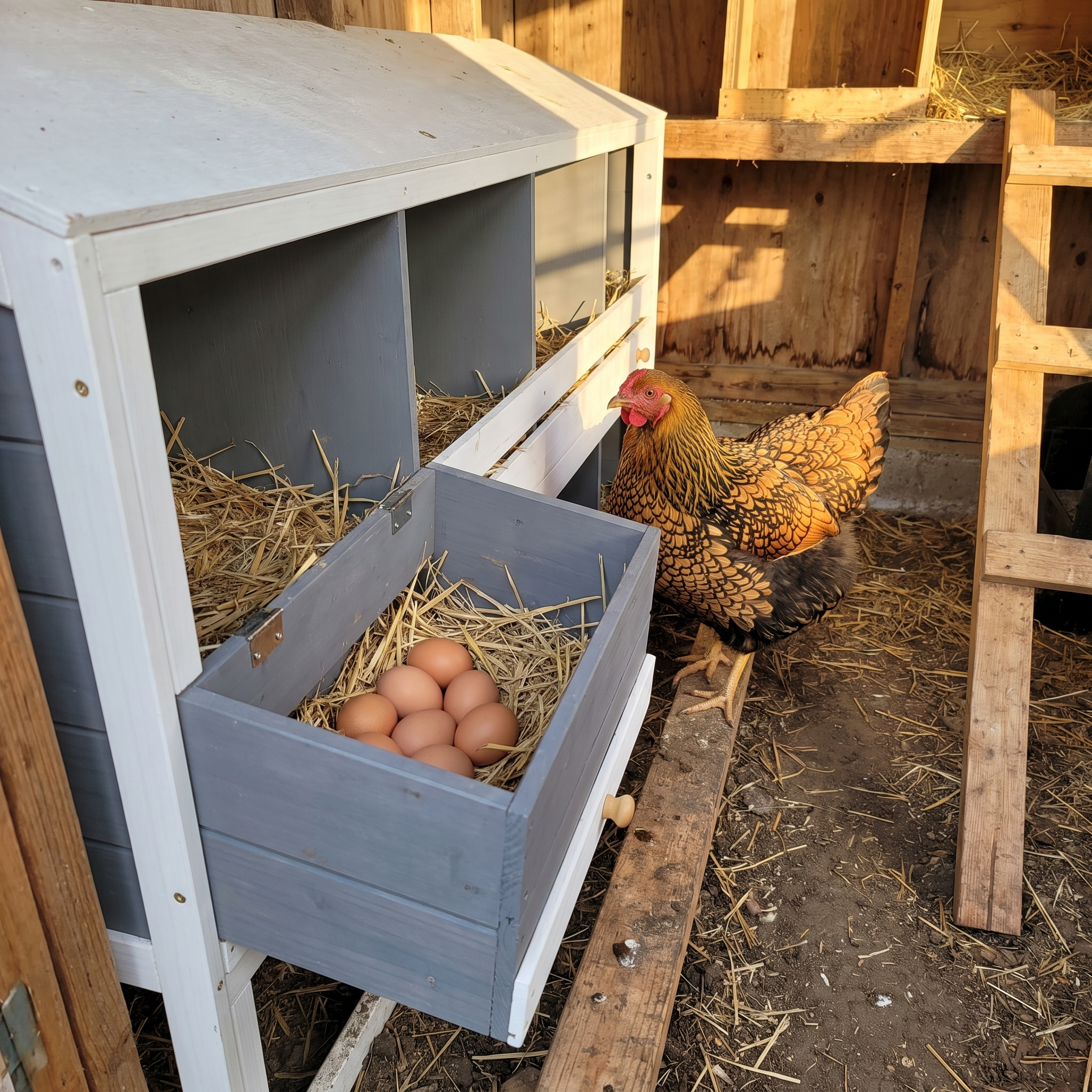 Fresh eggs in the nesting box tray with a golden hen beside it - wrenwood ugc lifestyle v2