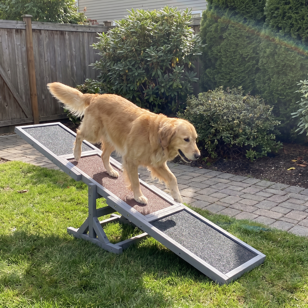 Golden retriever crossing the wooden agility seesaw in a backyard - wrenwood ugc lifestyle v2