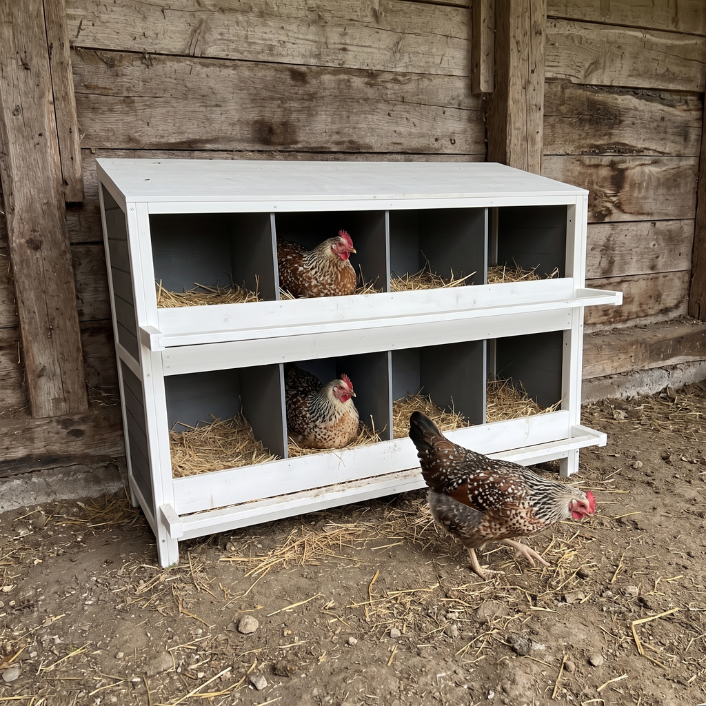 Speckled hens settled into the open nesting compartments against a barn wall - wrenwood ugc lifestyle v2