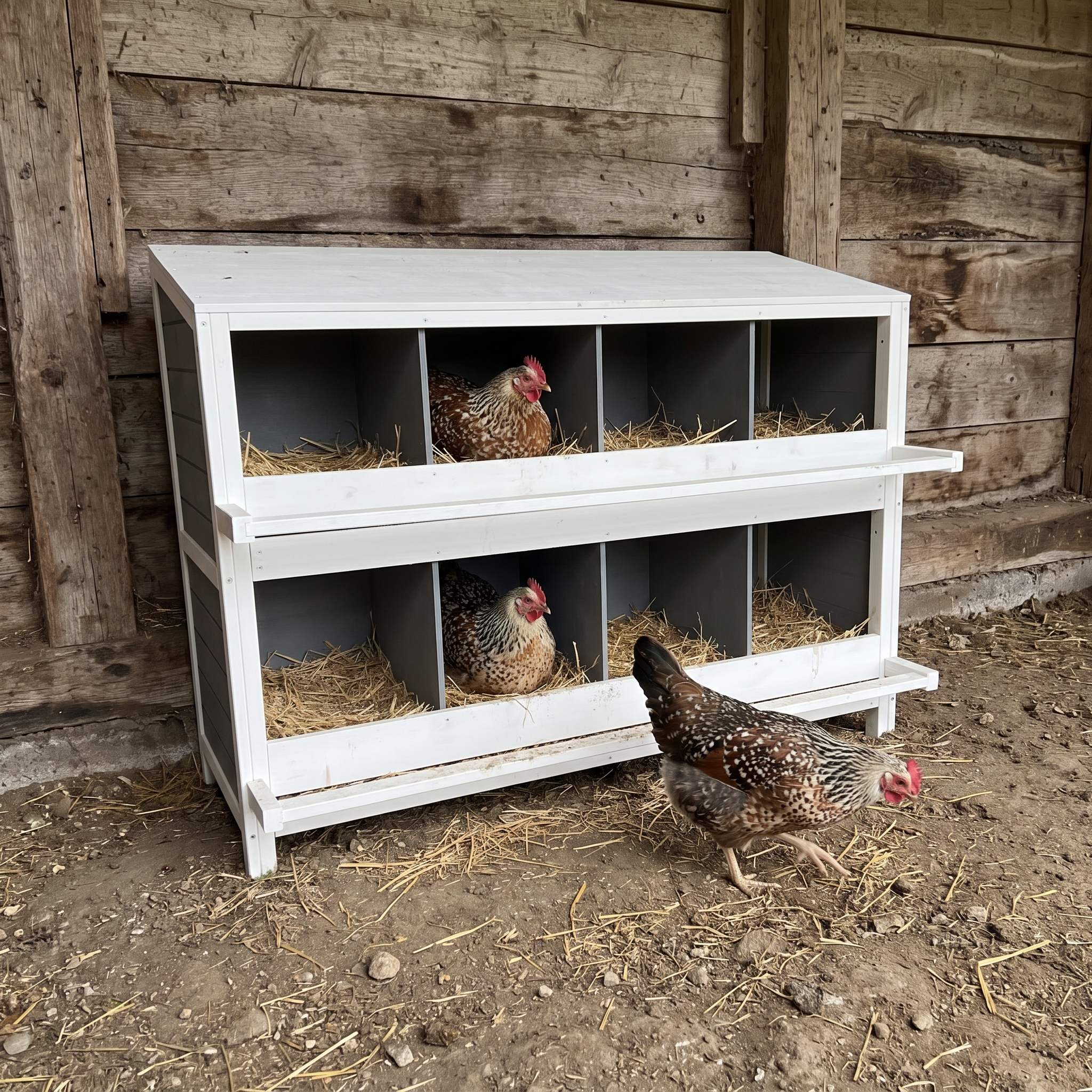 Speckled hens settled into the open nesting compartments against a barn wall - wrenwood ugc lifestyle v2