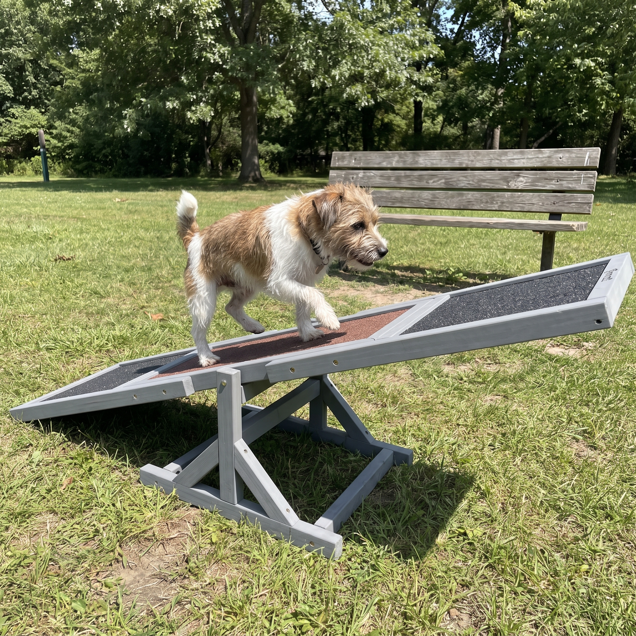 Small terrier crossing the wooden agility seesaw at the park - wrenwood ugc lifestyle v2