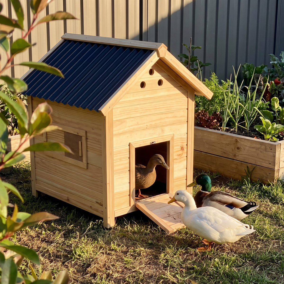 Ducks gathered at the wooden duck house ramp near the vegetable garden - wrenwood ugc lifestyle v2