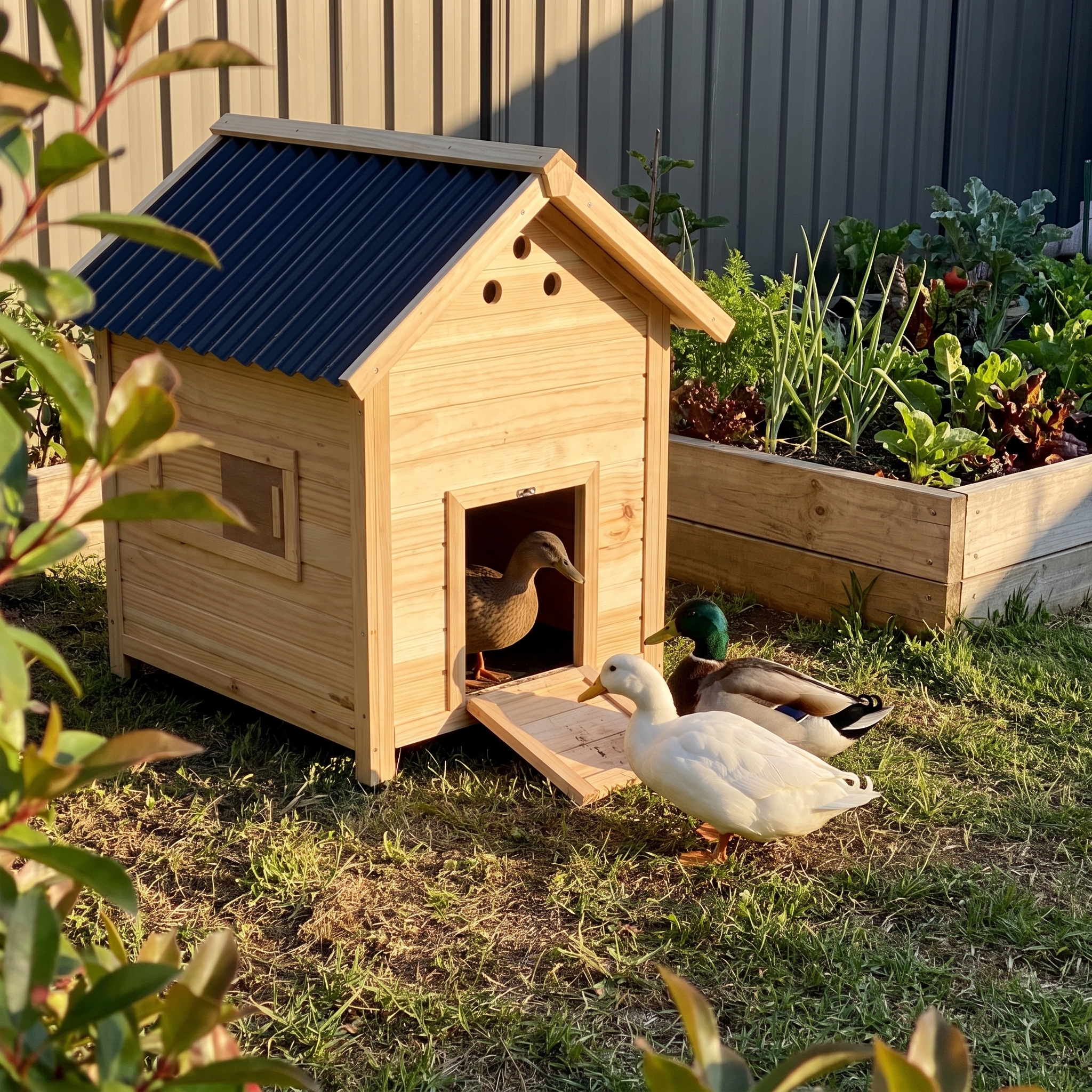 Ducks gathered at the wooden duck house ramp near the vegetable garden - wrenwood ugc lifestyle v2