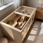 Hamster climbing the ramps inside the wooden multi-level habitat in a bedroom - wrenwood ugc lifestyle v2