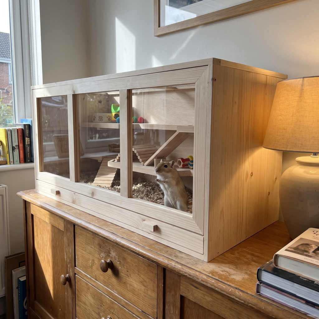 Gerbil peering through the acrylic front of the wooden habitat on a sideboard - wrenwood ugc lifestyle v3