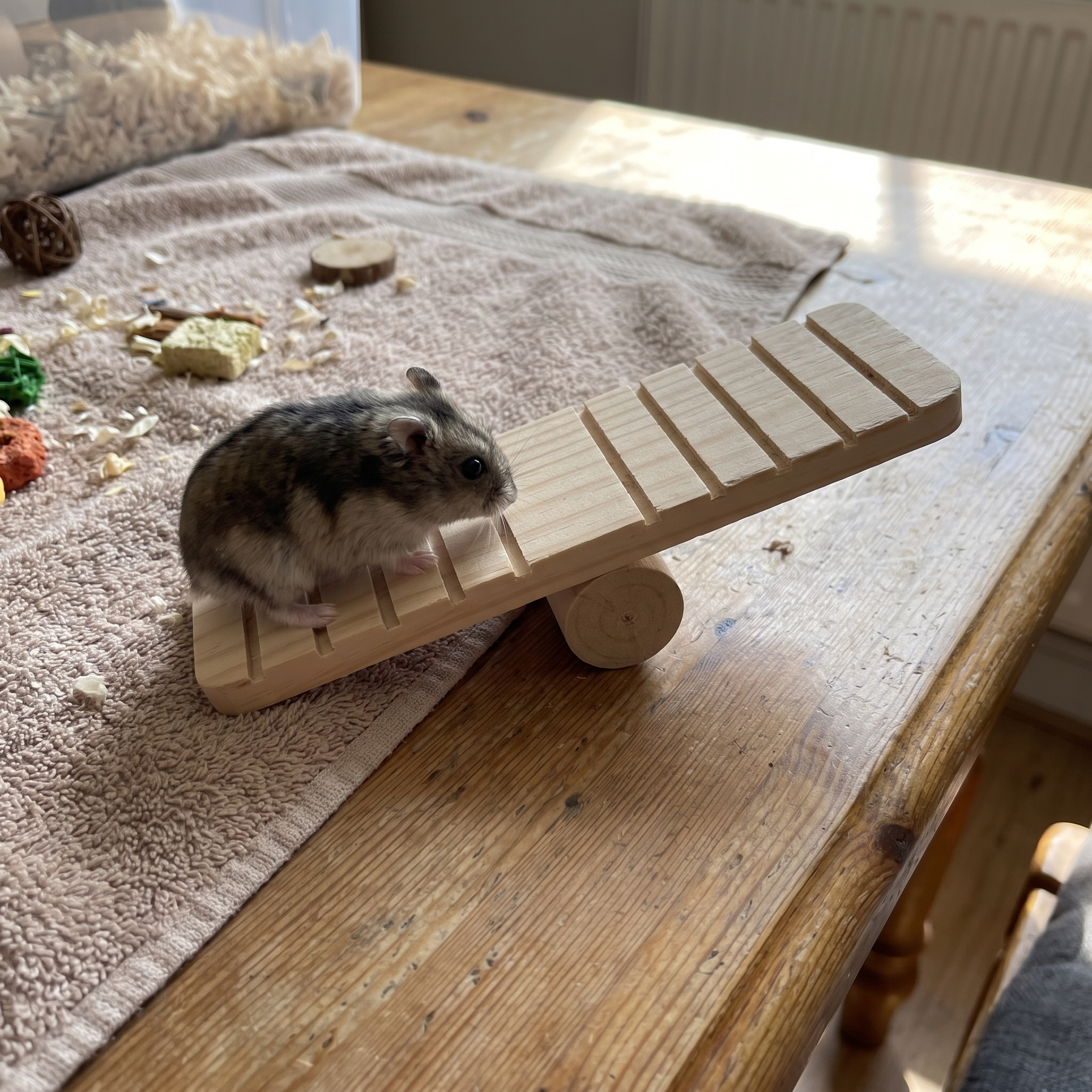 Hamster stepping onto the wooden seesaw toy on a play mat - wrenwood ugc lifestyle v3