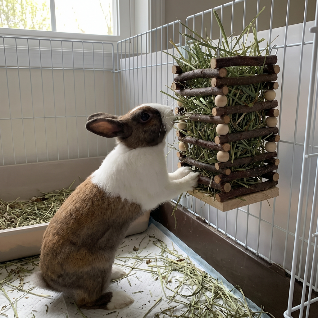 Rabbit eating hay from the wooden branch-rod hay feeder in a wire pen - wrenwood ugc lifestyle v2