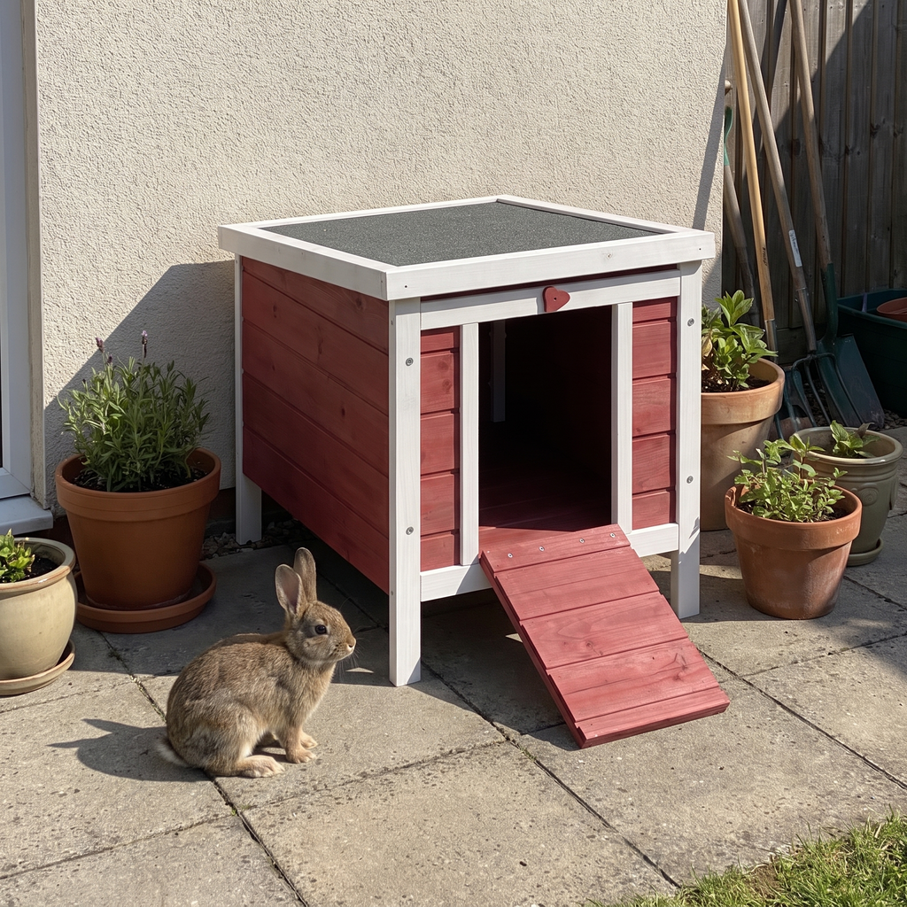 Small red and white wooden rabbit hutch on a patio with a rabbit beside it - wrenwood ugc lifestyle v2