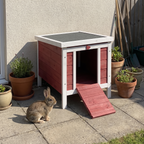 Small red and white wooden rabbit hutch on a patio with a rabbit beside it - wrenwood ugc lifestyle v2