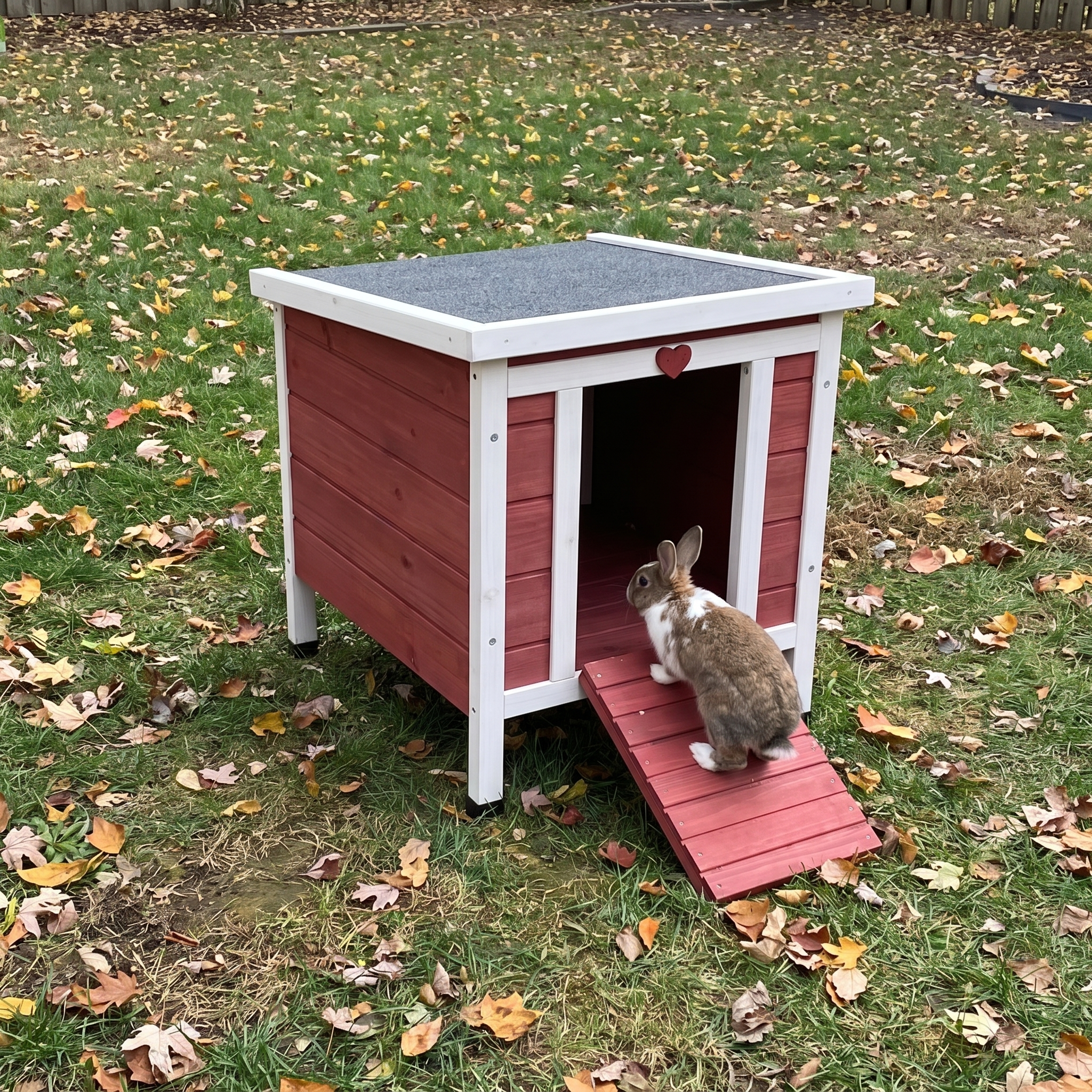 Rabbit climbing the ramp of the small red and white rabbit hutch on a leafy lawn - wrenwood ugc lifestyle v3
