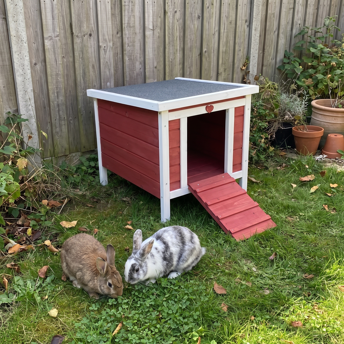 Two rabbits grazing in front of the small red and white rabbit hutch by a fence - wrenwood ugc lifestyle v4