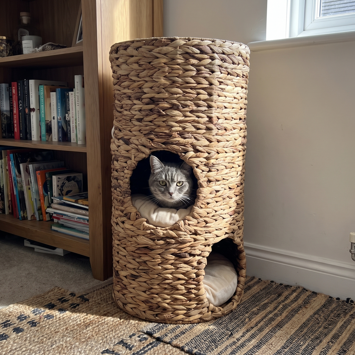 Cat peeking out of the woven tower cat bed by a bookshelf - wrenwood ugc lifestyle v2
