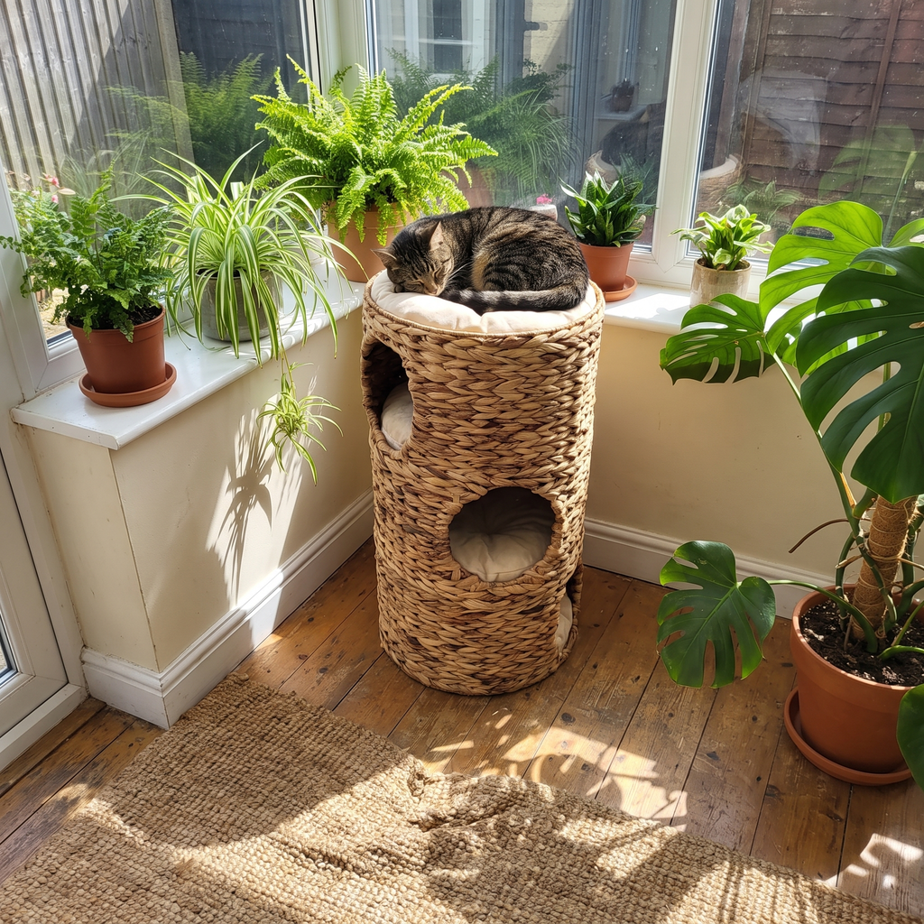 Cat lounging on top of the woven tower cat bed in a sunroom - wrenwood ugc lifestyle v3