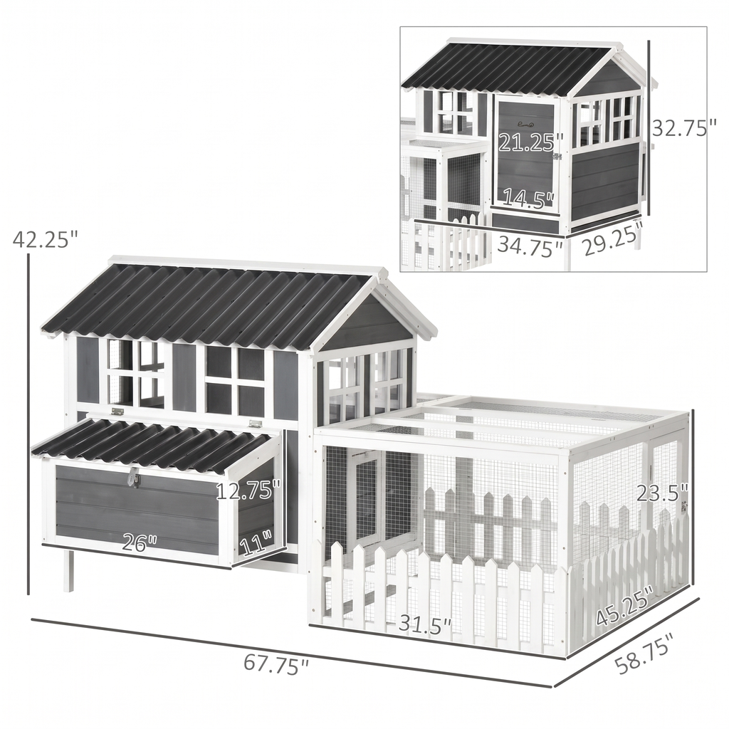 Line drawing of the wooden chicken coop and run with dimension measurements.