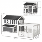 Line drawing of the wooden chicken coop and run with dimension measurements.