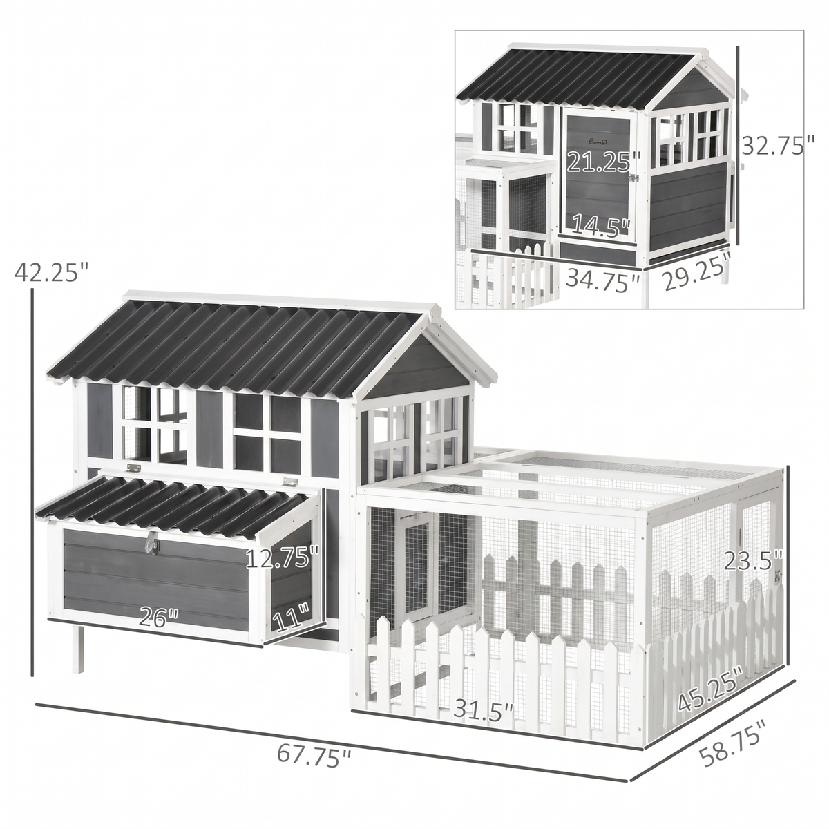 Line drawing of the wooden chicken coop and run with dimension measurements.