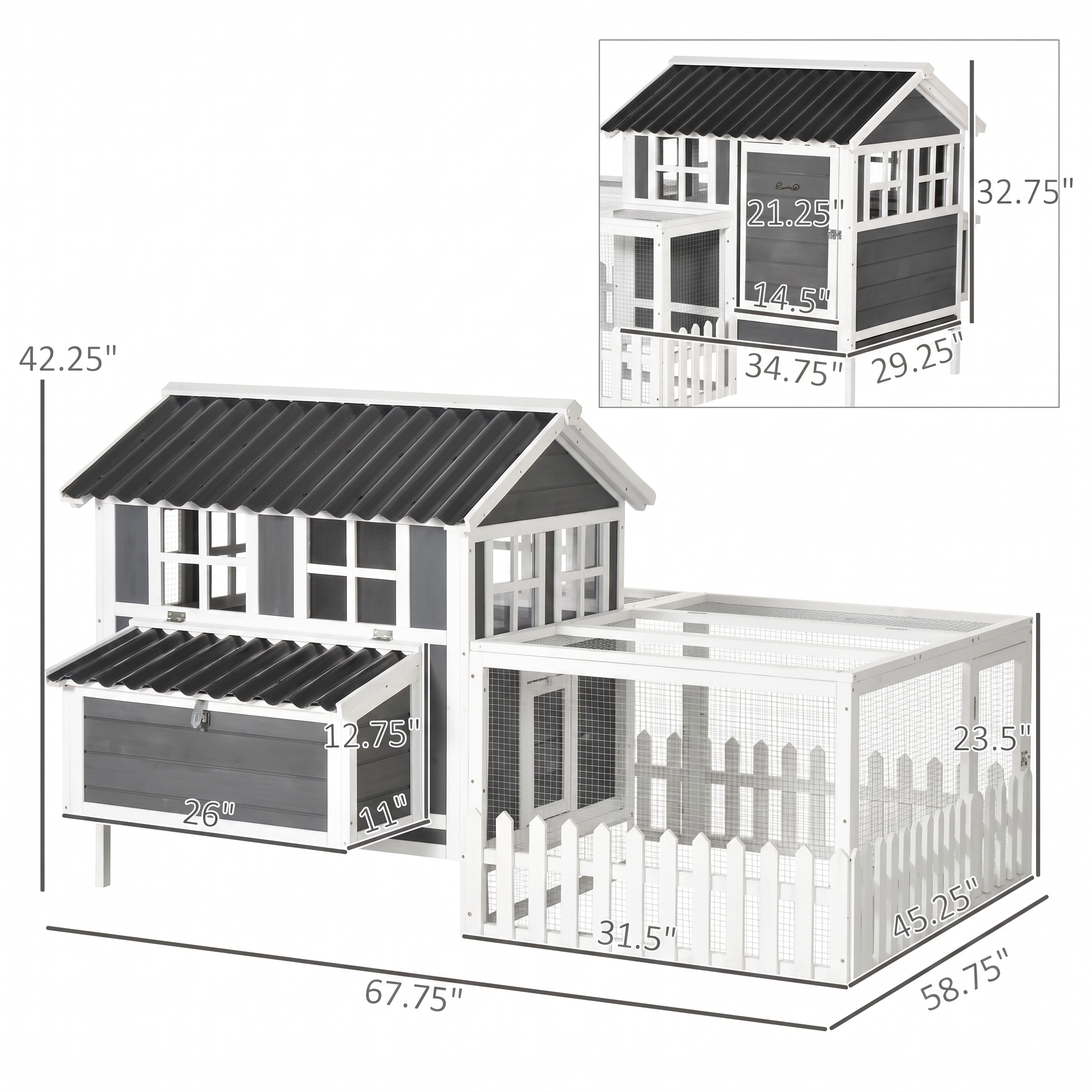 Line drawing of the wooden chicken coop and run with dimension measurements.