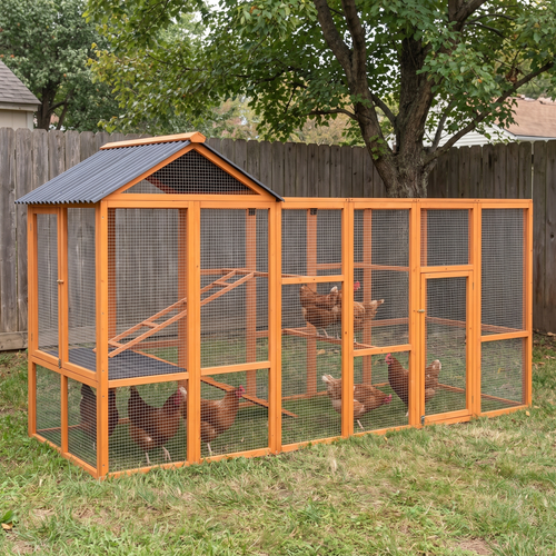 Full walk-in chicken run with orange wood frame and gray peaked roof in a backyard - wrenwood hero v2