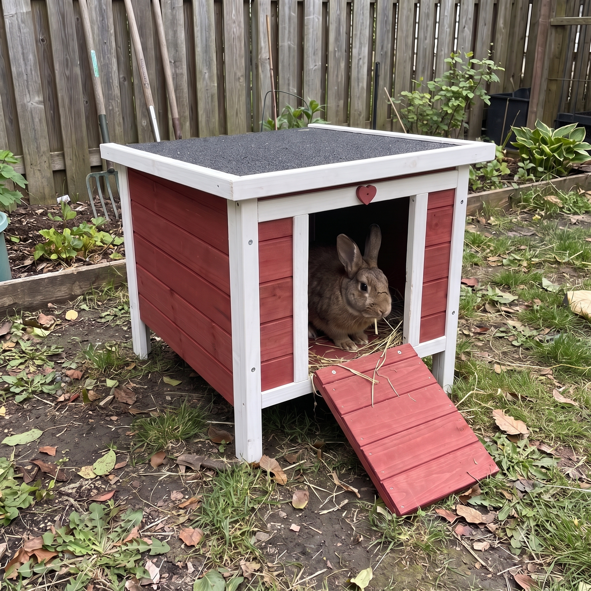 A small rabbit hutch with a red and white wooden exterior, a dark gray roof, and a red ramp, shown outdoors in a garden with a rabbit sitting inside.