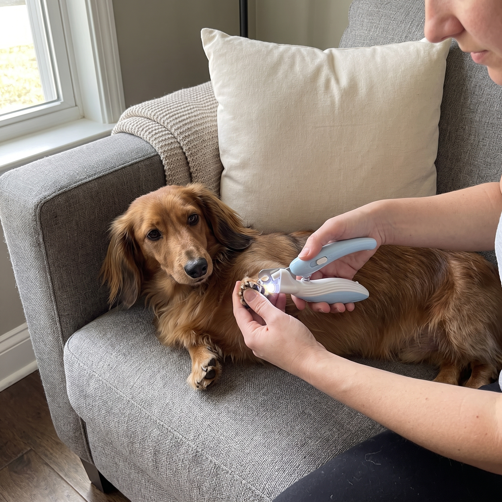 Hands trimming a dachshund's nail with the LED pet nail clippers on a living room sofa