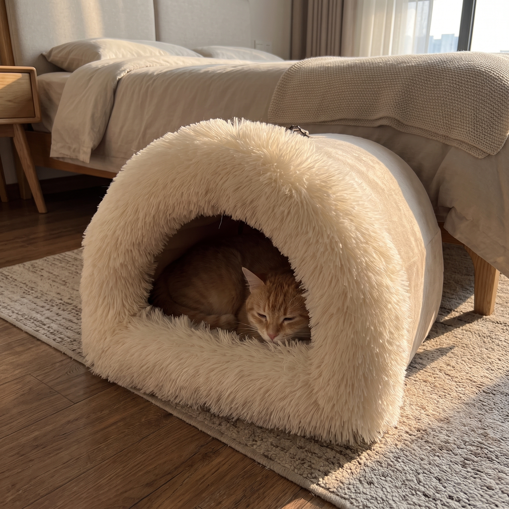 Ginger cat tucked inside the calming cat cave bed on a bedroom floor in morning light