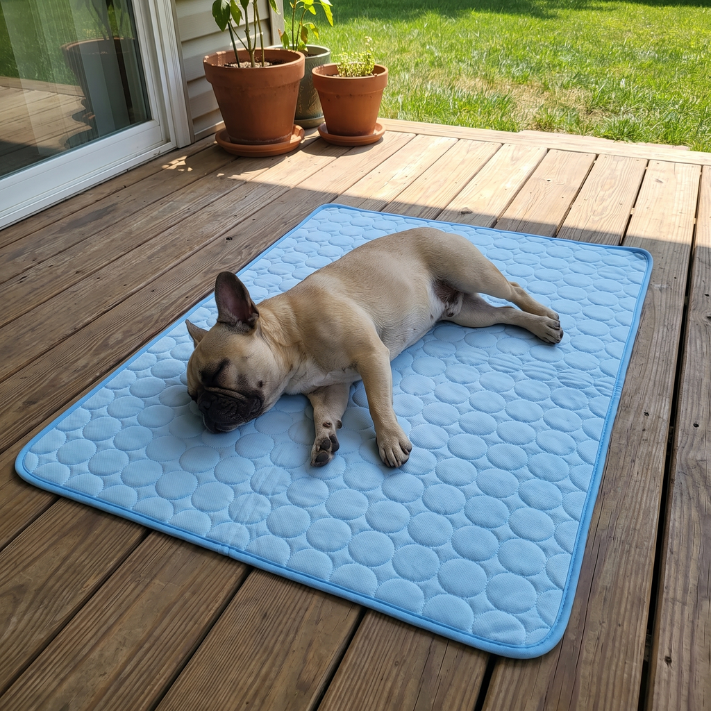 French bulldog asleep on the ice silk cooling mat on shaded patio decking on a hot day