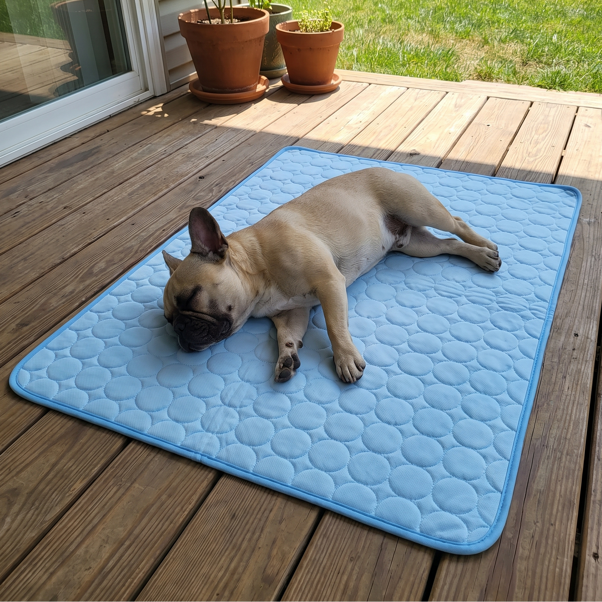 French bulldog asleep on the ice silk cooling mat on shaded patio decking on a hot day
