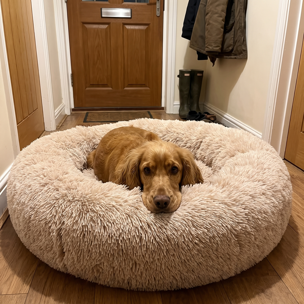 Cocker spaniel resting in the calming donut cuddler bed in a hallway by the front door