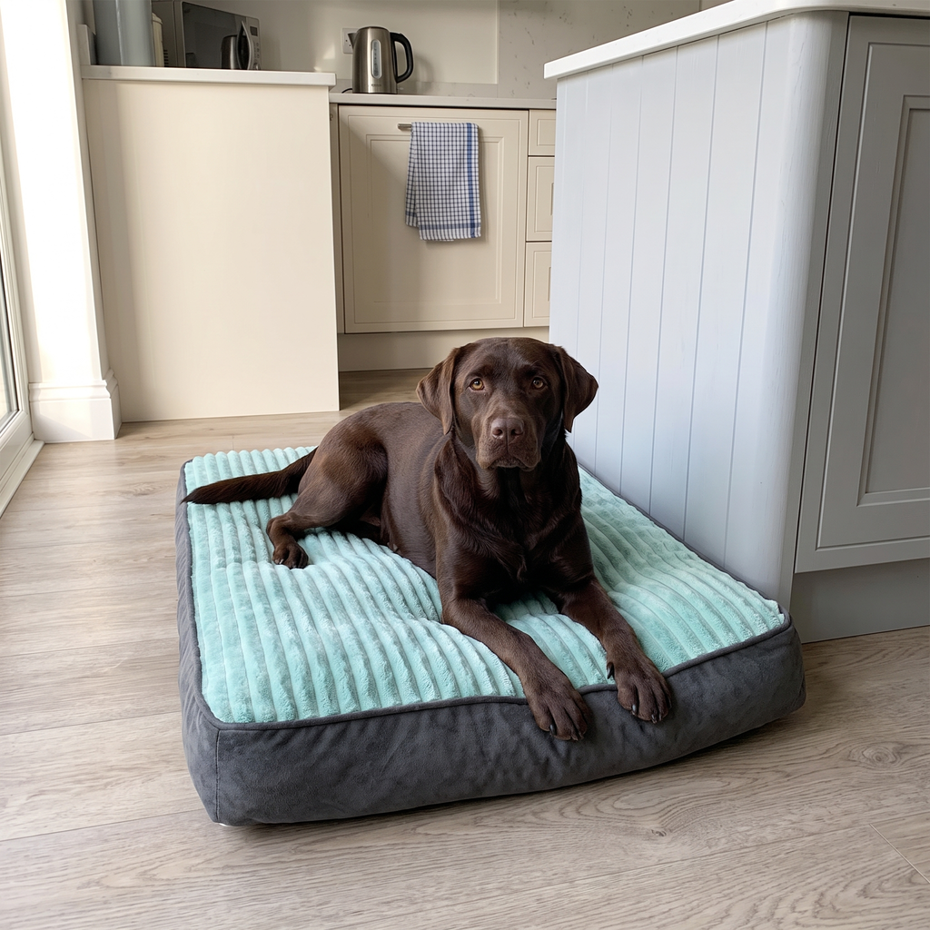 Chocolate labrador resting on the soothing pet bed mat on a kitchen floor in morning light