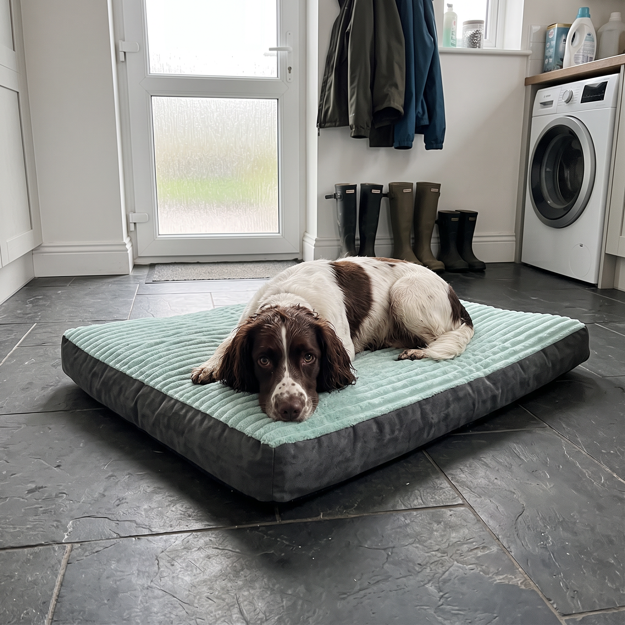 Springer spaniel settled on the soothing pet bed mat in a utility room by the back door