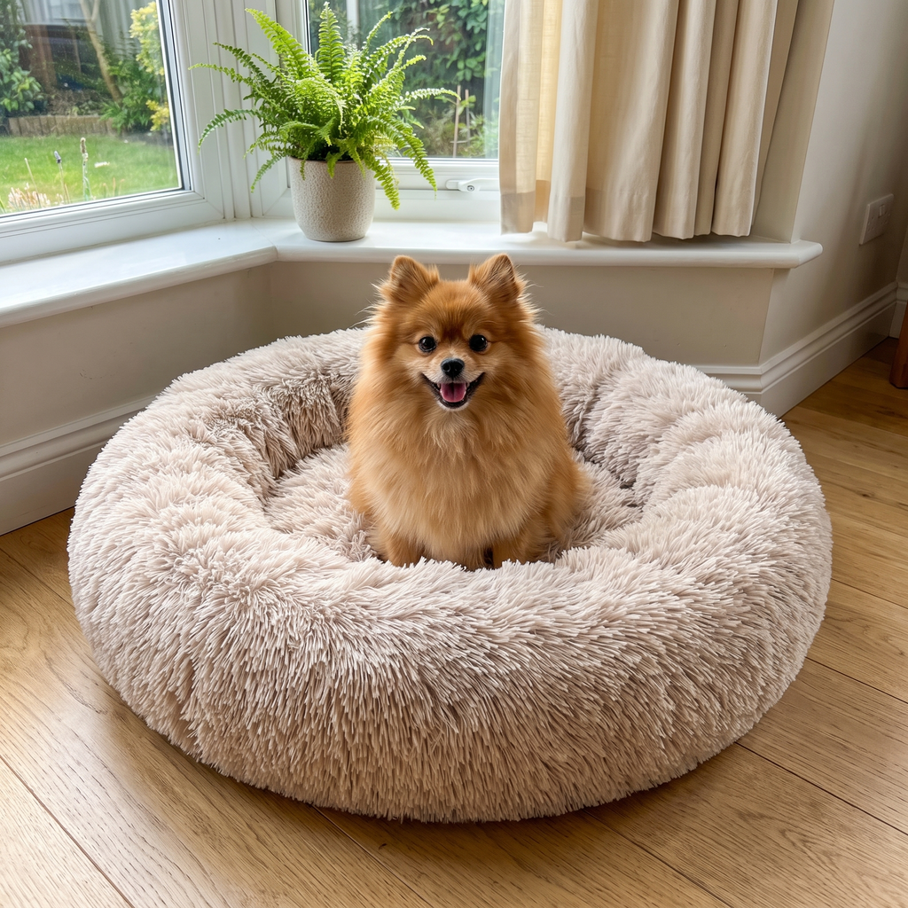 Pomeranian sitting up in the calming donut cuddler bed in a bright bay window nook