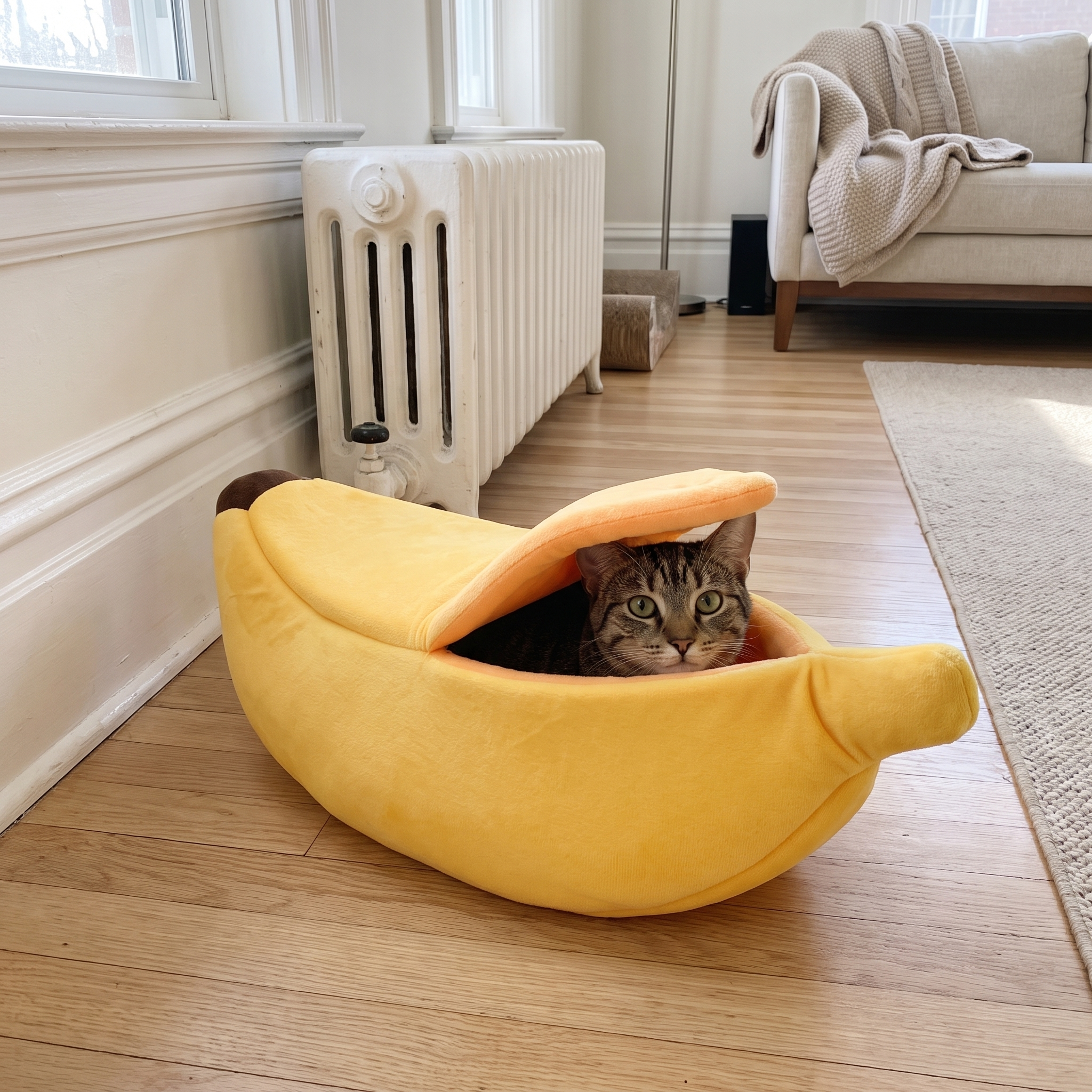 Tabby cat snuggled inside the yellow banana pet bed beside a living room radiator