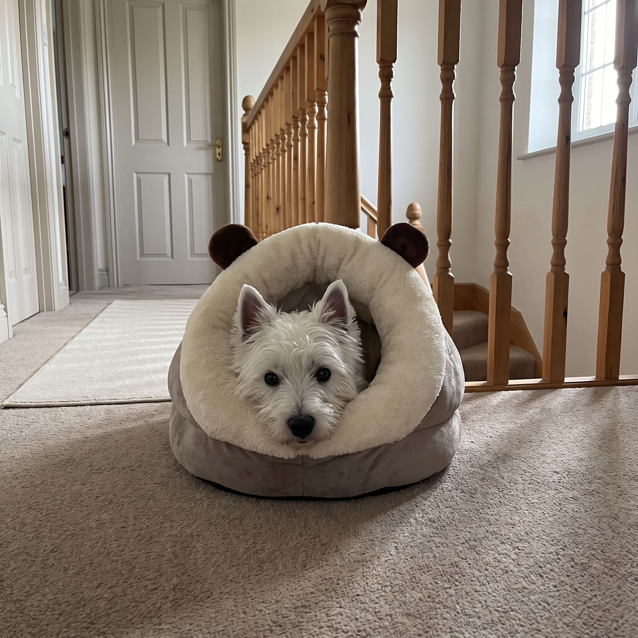 West highland terrier tucked into the slipper cuddler pet bed on an upstairs landing