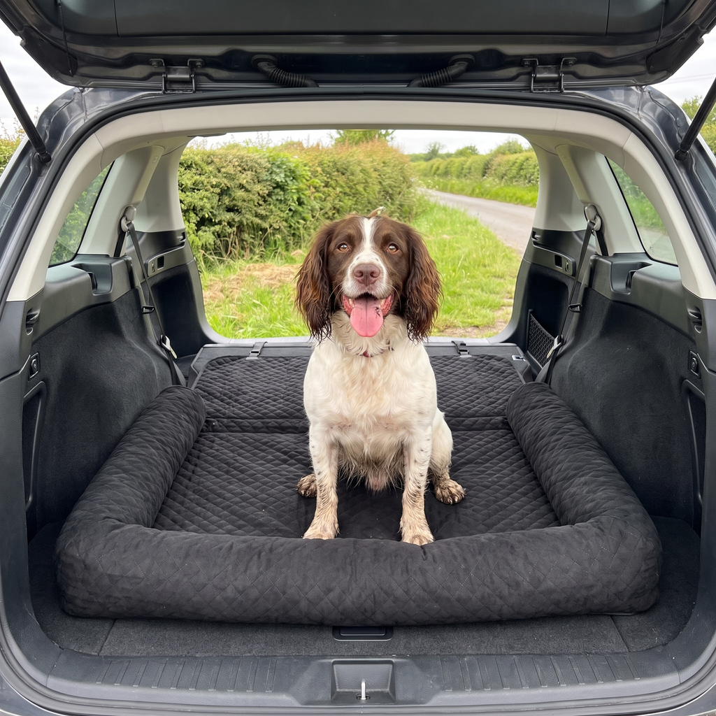 Springer spaniel sitting on the pet car travel bed in an open estate car boot after a country walk