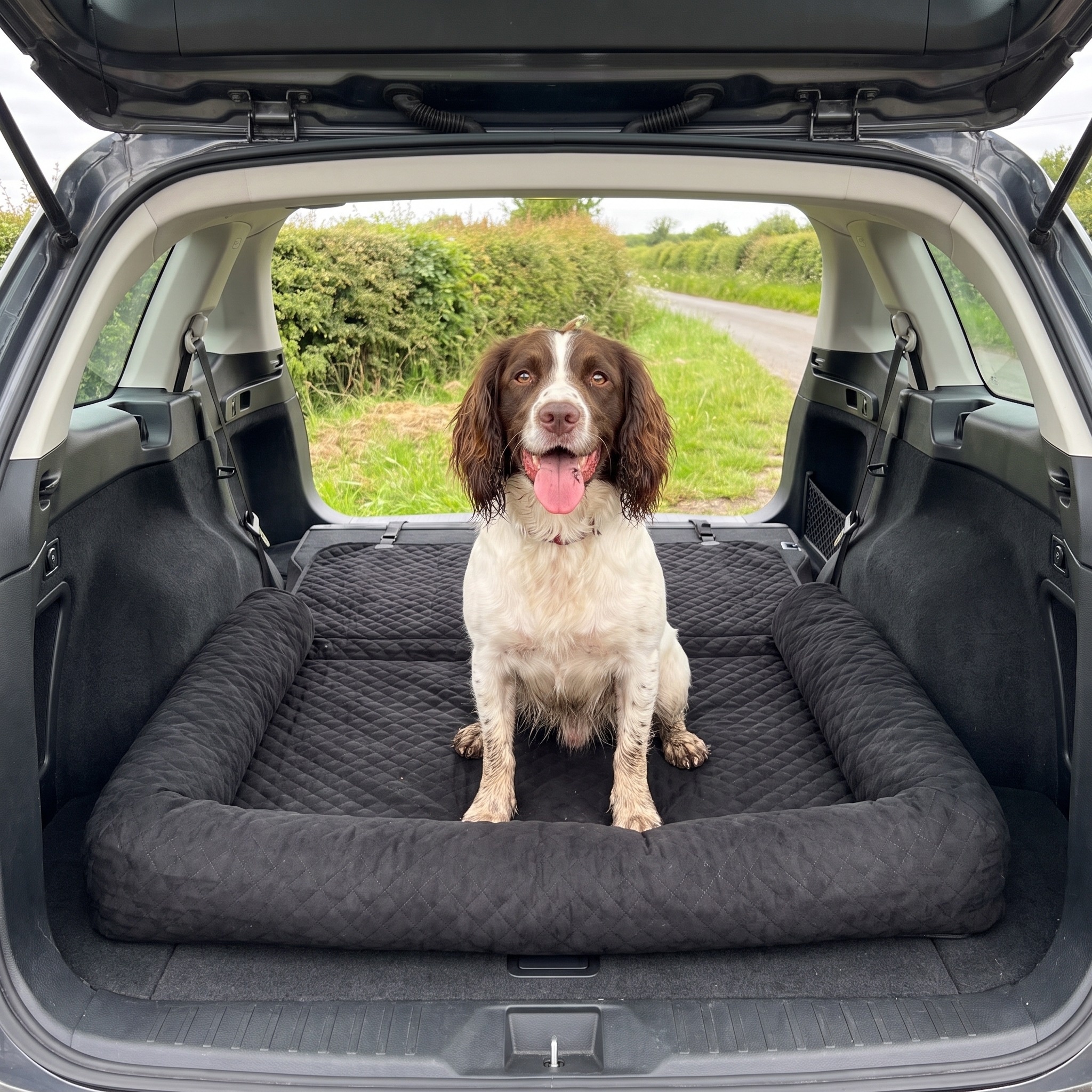Springer spaniel sitting on the pet car travel bed in an open estate car boot after a country walk